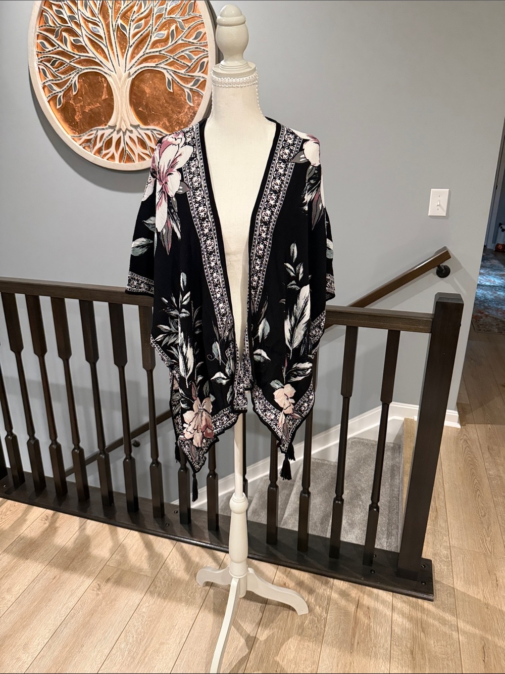 Nine West Black Floral Kimono with Subtle Pink and Gray Accents